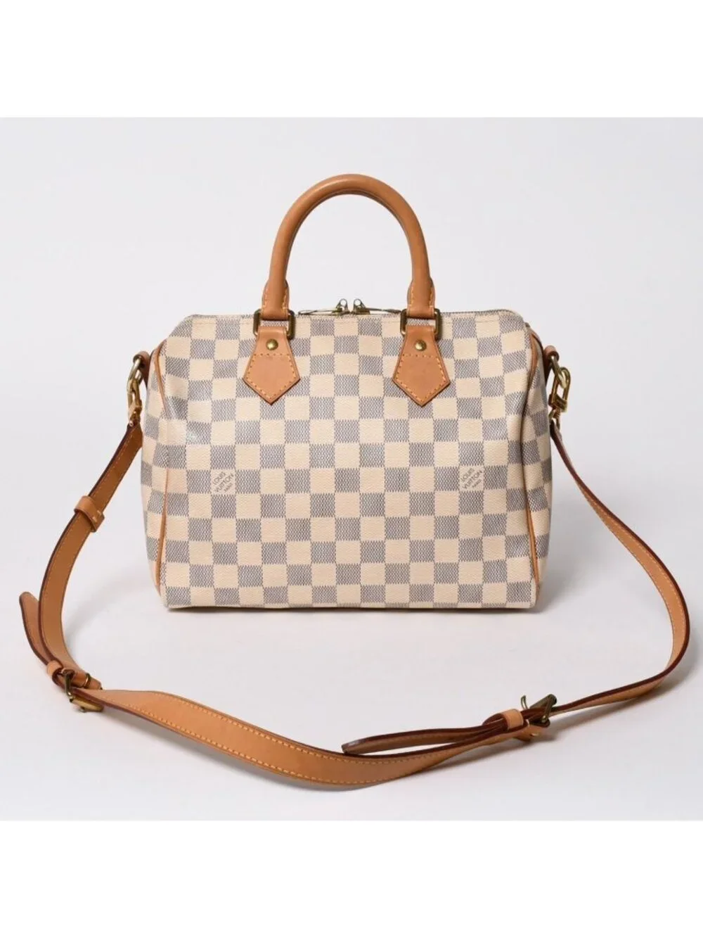 Louis Vuitton Damier Azur Speedy Bandouliere 25 Vachetta Leather White Gold